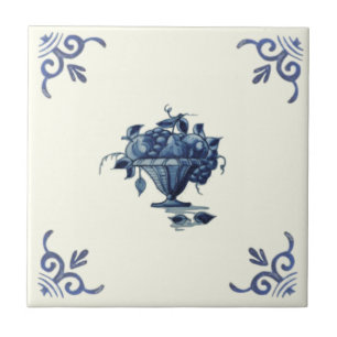 Repro Handpainted Antique Blue White Fruit Basket Tile