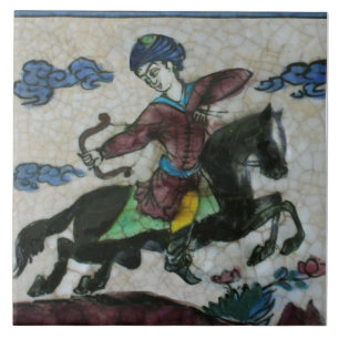 Repro Handpainted Antique Persian Horseman Tile