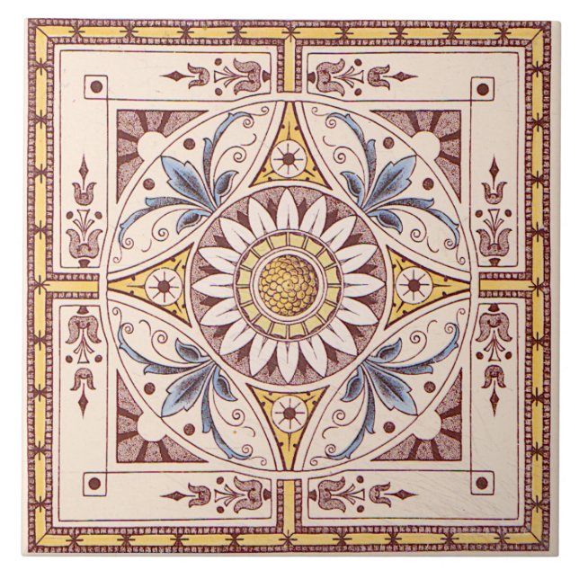Repro Intricate Victorian Sunflower Transferware Tile (Front)