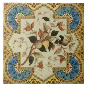 Repro Late Victorian Transferware Blue Gold Fruit Tile
