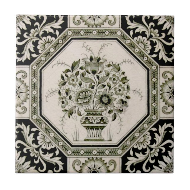 Repro Minton Black & Cream Aesthetic Floral Print Tile (Front)