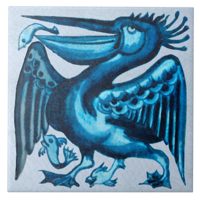 Repro of Original De Morgan Blue Pelican Bird Tile (Front)