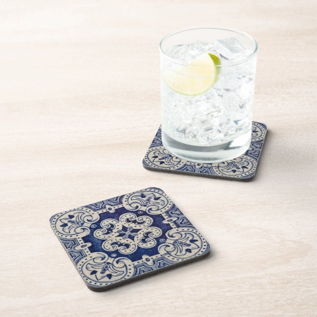 Repro Portuguese Blue Geometric Azulejos Floral Coaster (Right Side)