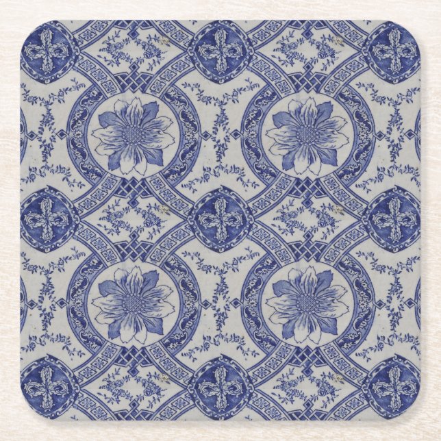Repro Portuguese Blue Geometric Azulejos Floral  Square Paper Coaster (Front)