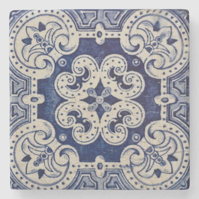 Repro Portuguese Blue Geometric Azulejos Floral  Stone Coaster (Front)