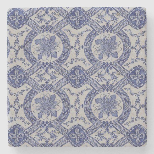 Repro Portuguese Blue Geometric Azulejos Floral  Stone Coaster (Front)