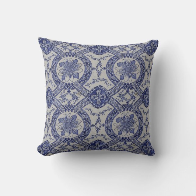 Repro Portuguese Blue Geometric Azulejos Floral Ti Cushion (Front)