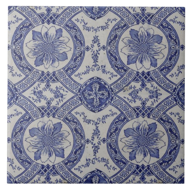 Repro Portuguese Blue Geometric Azulejos Floral Tile (Front)
