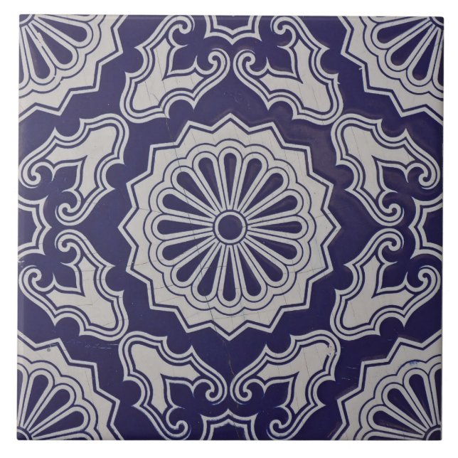 Repro Portuguese Blue Geometric Azulejos Floral Tile (Front)