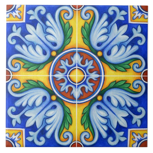 Repro Portuguese Blue Geometric Azulejos Floral  Tile (Front)