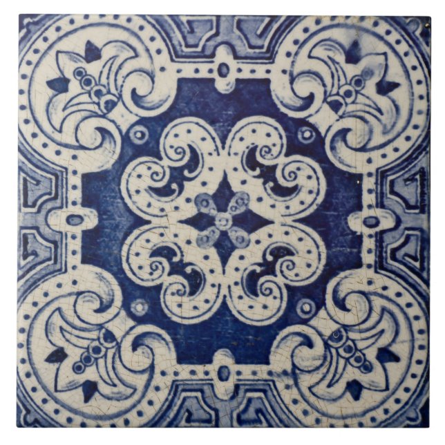Repro Portuguese Blue Geometric Azulejos Floral  Tile (Front)