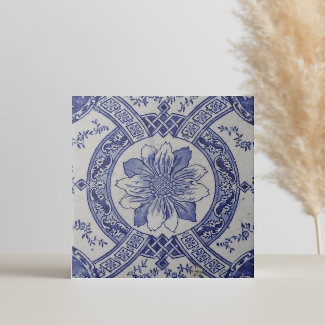 Repro Portuguese Blue Geometric Azulejos Floral Tile (vintage Delft tiles floral blue and white )