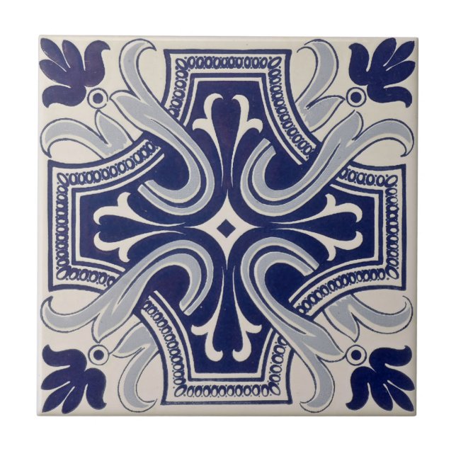 Repro Portuguese Blue Geometric Azulejos Floral Tile (Front)