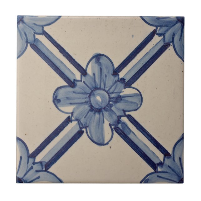 Repro Portuguese Blue Geometric Azulejos Flower Tile (Front)