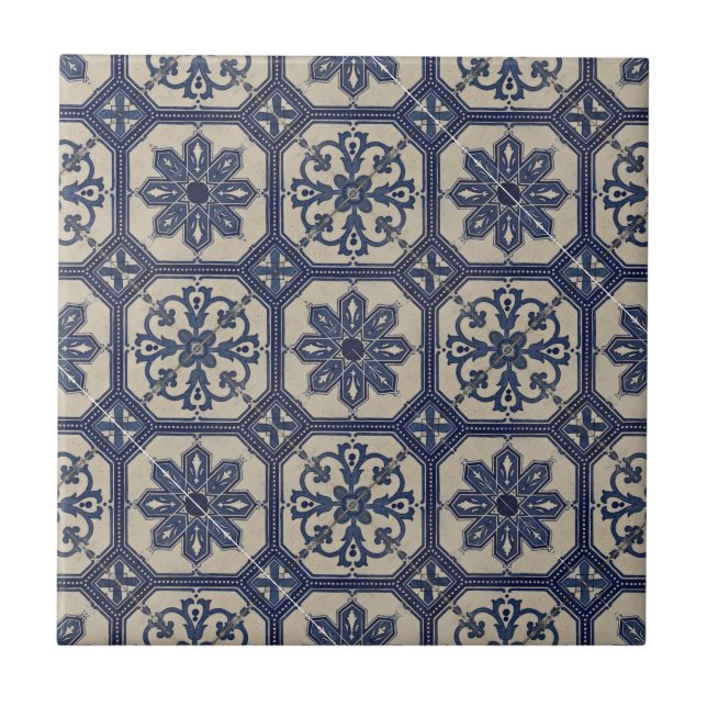 Repro Portuguese Blue Geometric Azulejos Tile (Front)