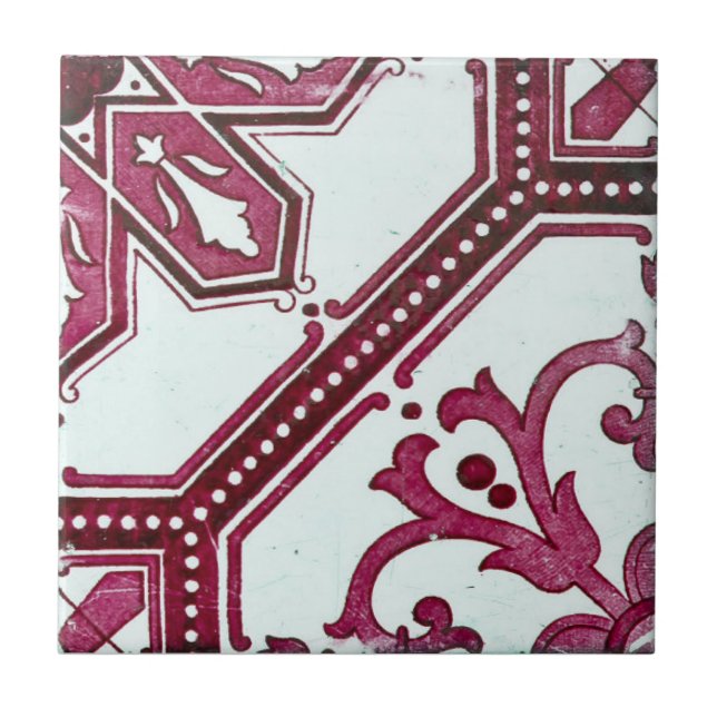 Repro Portuguese Burgundy Geometric Azulejos Tile (Front)