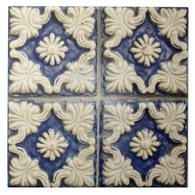 Repro Portuguese Faux Relief Blue Floral Tile (Front)