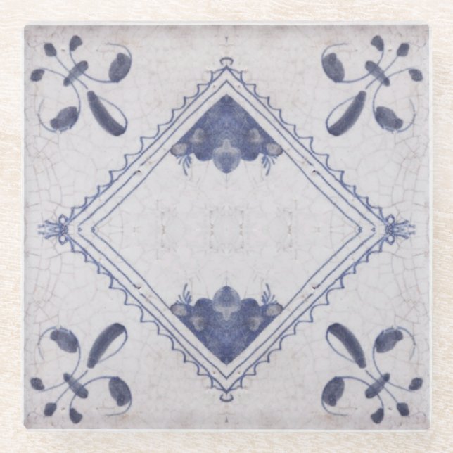 Repro Portuguese Floral Blue Azulejos Tile Glass Coaster (Front)
