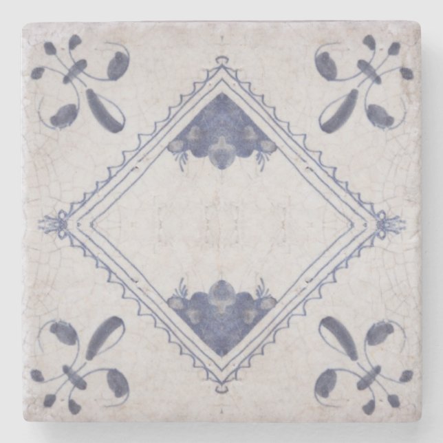 Repro Portuguese Floral Blue Azulejos Tile Stone Coaster (Front)