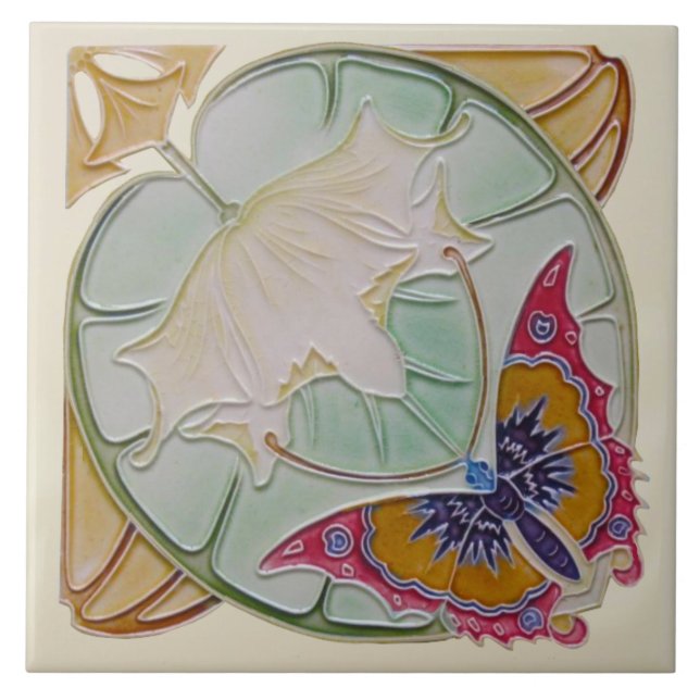 Repro Rare Belgian Art Nouveau Butterfly Floral Tile (Front)