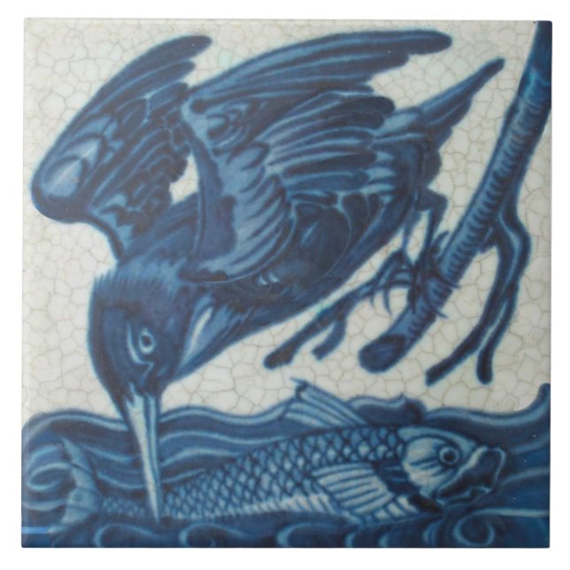 Repro Rare De Morgan Blue Fishing Kingfisher Tile (Front)