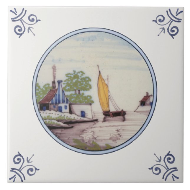 Repro Scenic Delft Polychrome Sailboat, House Tile (Front)