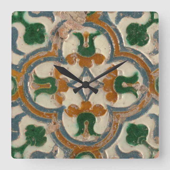 Repro Spanish Geometric Azulejos Floral Square Wall Clock (Front)