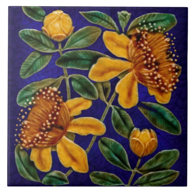 Repro Stunning Vibrant Floral Faux Relief Majolica Tile (Front)