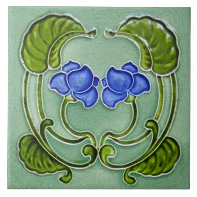 Repro Symmetrical Art Nouveau Blue Green Floral Tile (Front)