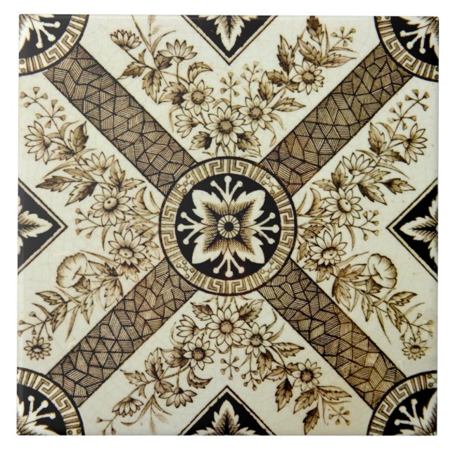 Repro Victorian 1880s Sepia Geometric Floral Tile (Front)
