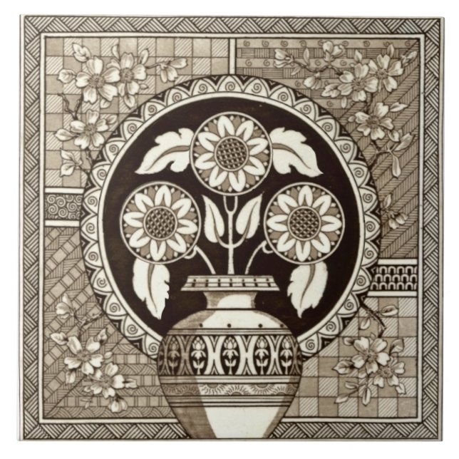 Repro Victorian Aesthetic Vase of Sunflowers Sepia Tile (Front)