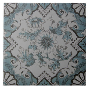 Repro Victorian Aqua Blue Floral Transferware Tile