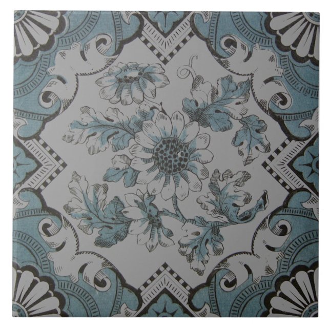 Repro Victorian Aqua Blue Floral Transferware Tile (Front)