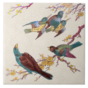 Repro VIctorian Birds & Blossoms Hand Coloured Tile