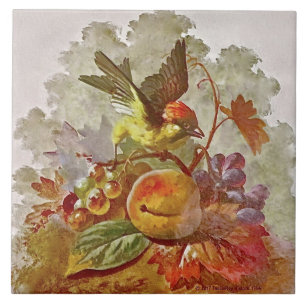 Repro Victorian Handpainted Bird & Fruit Tile #1