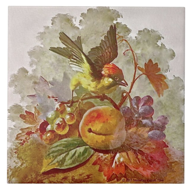 Repro Victorian Handpainted Bird & Fruit Tile #1 (Front)