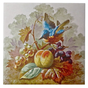 Repro Victorian Handpainted Bird & Fruit Tile #2