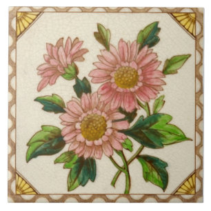 Repro Victorian Pink Daisies Hand Colored Transfer Tile