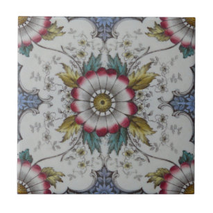 Repro Victorian Red Blue Green Floral Print & Tint Tile