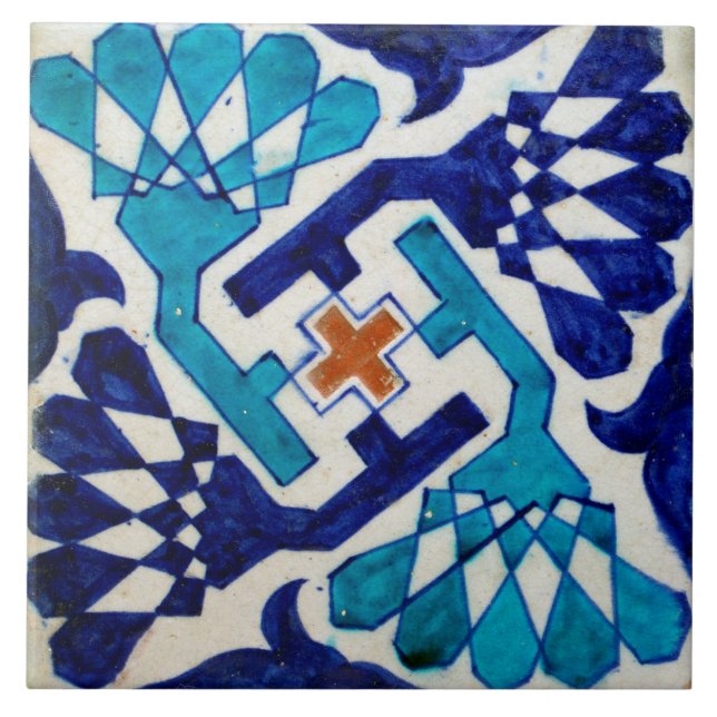 Repro Vintage Blue Geometric Floral Tile (Front)