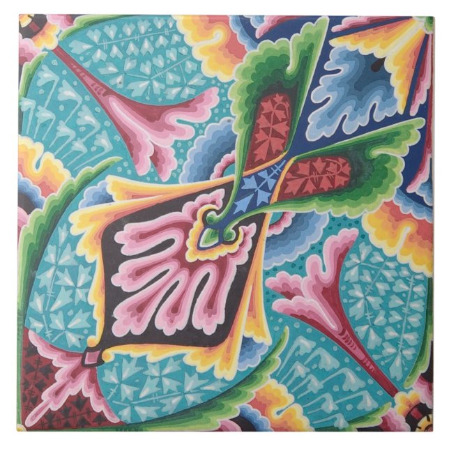 Repro Vintage Colourful Rainbow Geometric Floral Tile (Front)