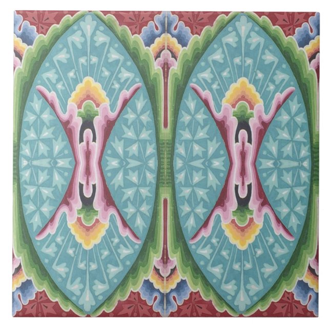 Repro Vintage Geometric Colourful Rainbow Floral Tile (Front)