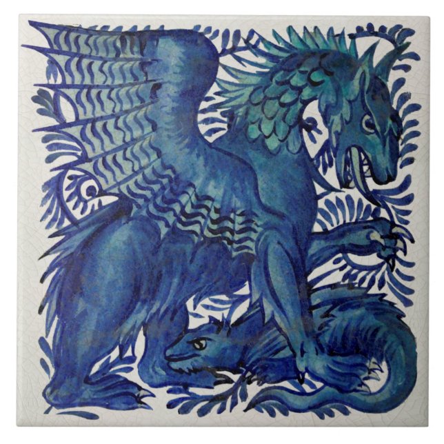 Repro Wm De Morgan Blue Mother Child Dragons Tile (Front)