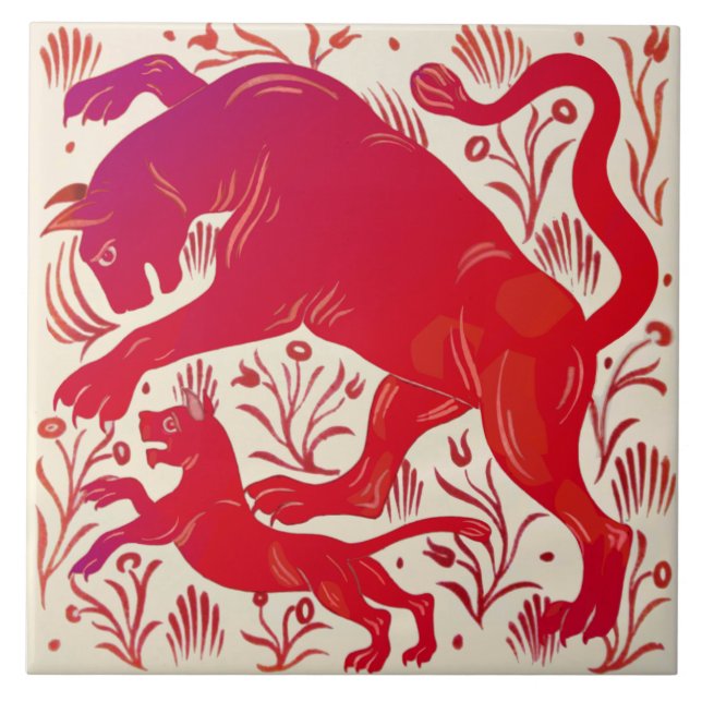 Repro Wm De Morgan Ruby Lustre Cats (Panthers?) HP Tile (Front)