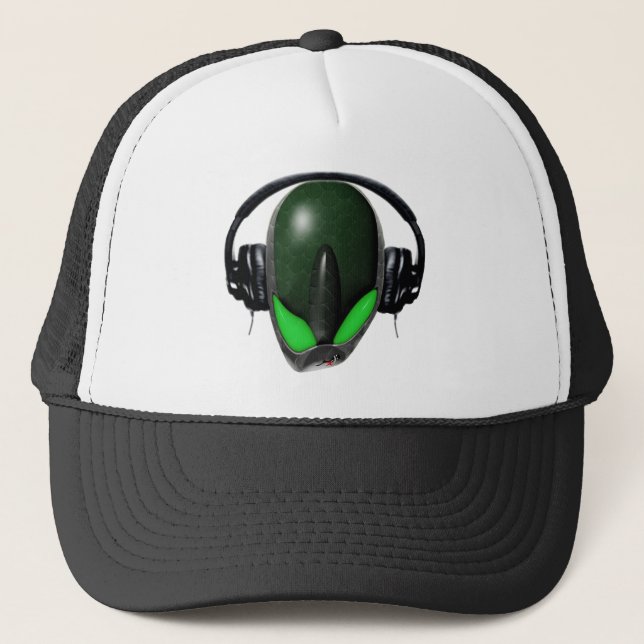 Reptile Alien {Angry} Pissed Off DJ in Headphones Trucker Hat (Front)