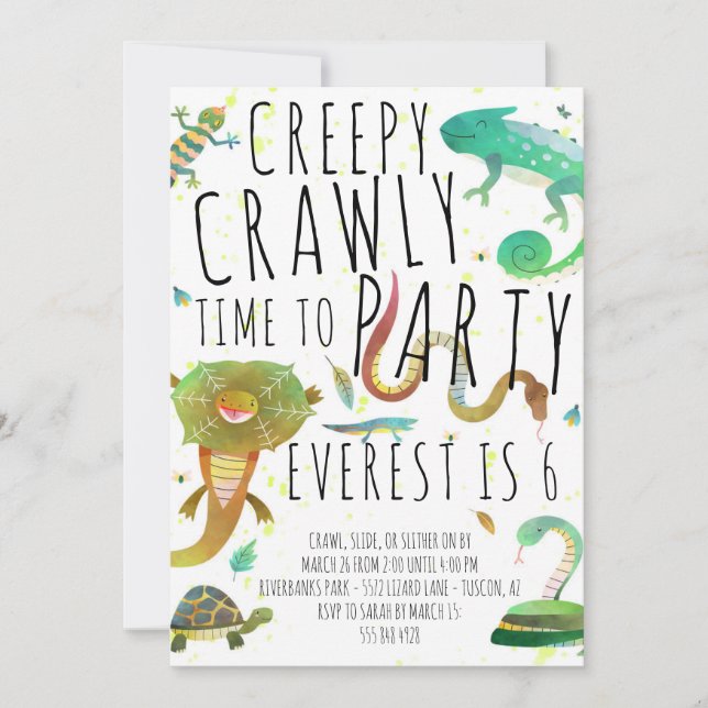 Reptile Birthday Party Invitation - Lizards, Snake (Front)