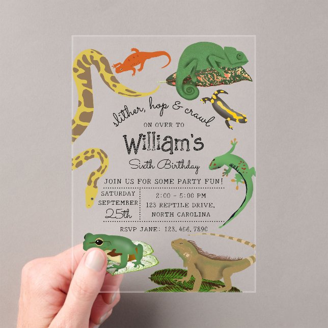 Reptile, Lizards & Amphibians Kids Birthday Acrylic Invitations (Insitu (Handheld))