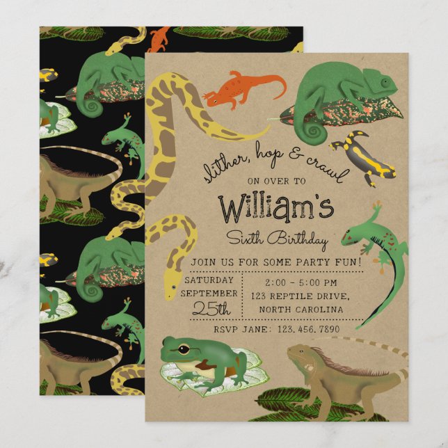 Reptile, Lizards & Amphibians Kids Birthday Kraft Invitation (Front/Back)