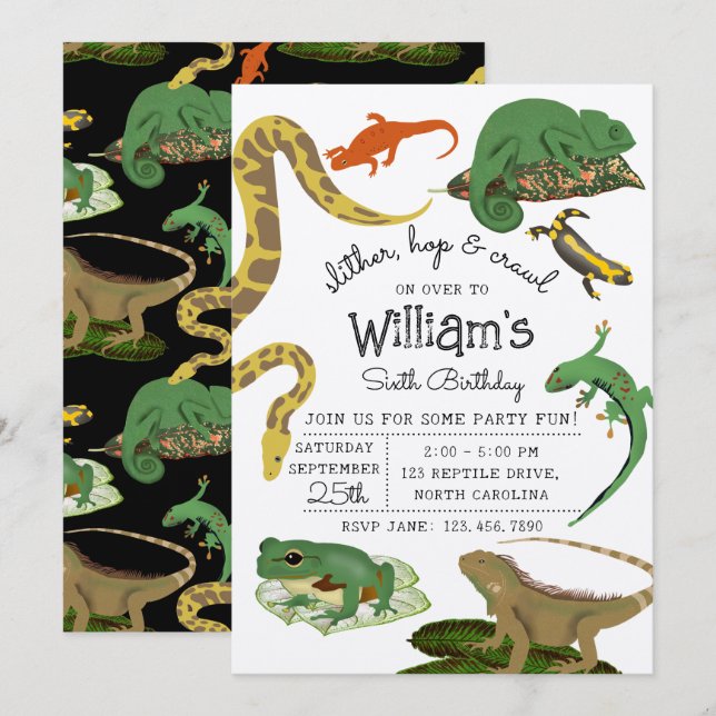 Reptile, Lizards & Amphibians Kids Birthday Kraft Invitation (Front/Back)
