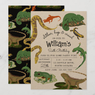Reptile, Lizards & Amphibians Kids Birthday Kraft Invitation